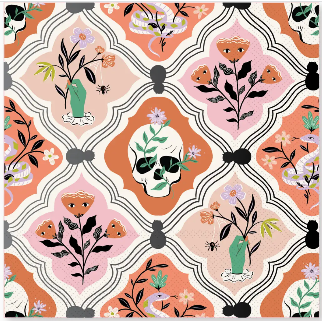 Floral Halloween Skulls & Spiders Dinner Napkins