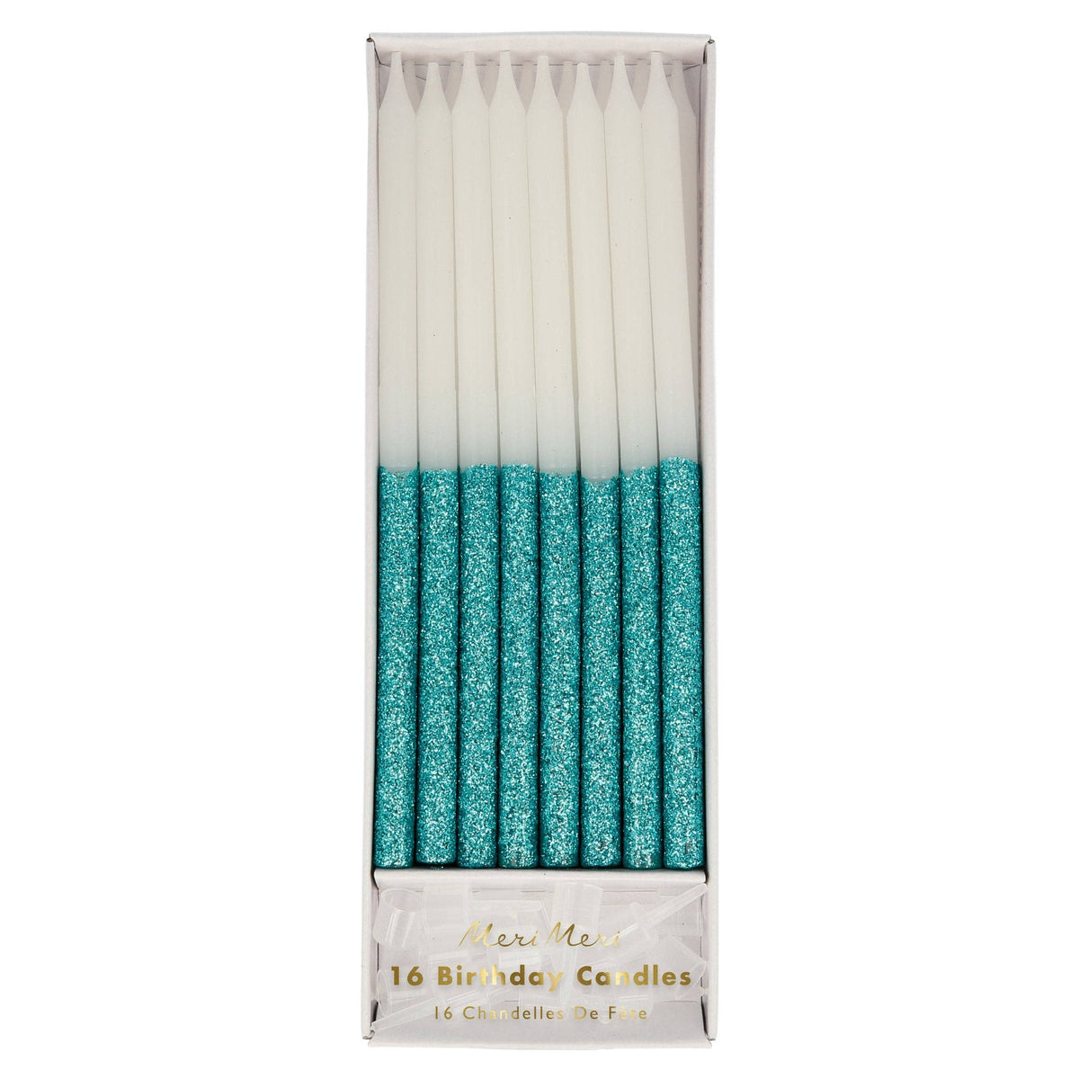 Box of 16 tall white birthday candles dipped in blue glitter