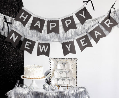 Silver Glitter Happy New Year Paper Banner Set