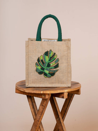 Chelsea Palm Leaf Hand Beaded Mini Jute Tote
