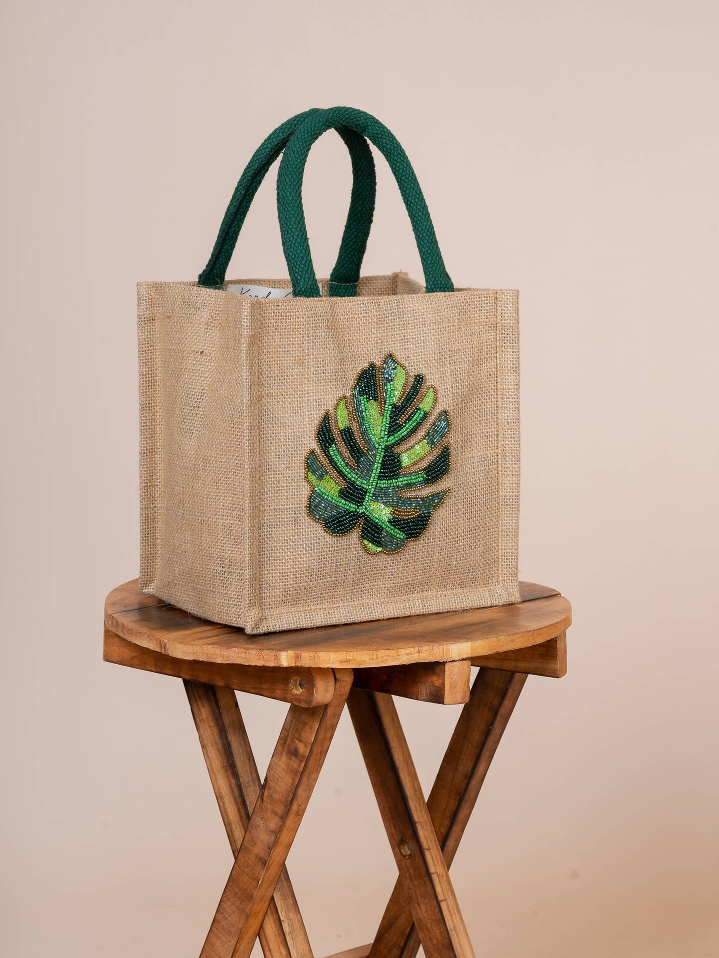 Chelsea Palm Leaf Hand Beaded Mini Jute Tote
