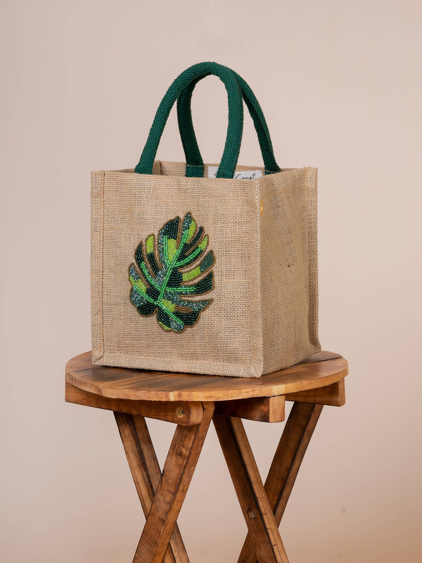 Chelsea Palm Leaf Hand Beaded Mini Jute Tote