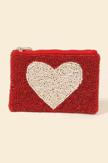 White Heart Seed Beaded Coin Purse