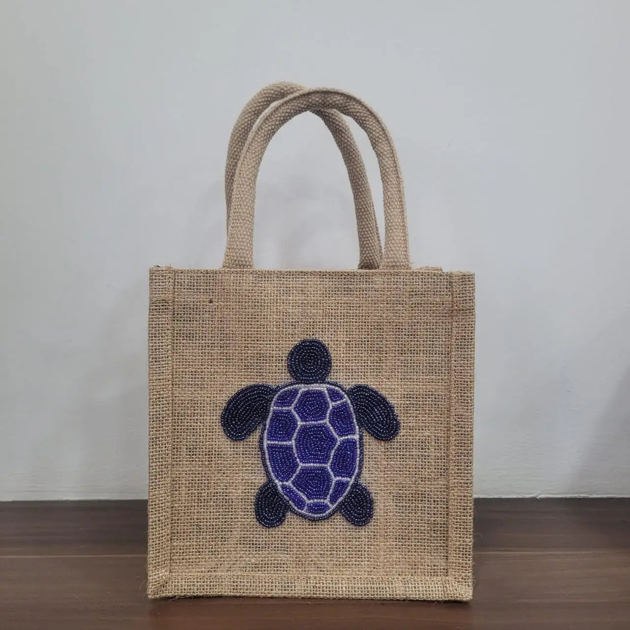 Chelsea Turtles Hand Beaded Mini Jute Tote
