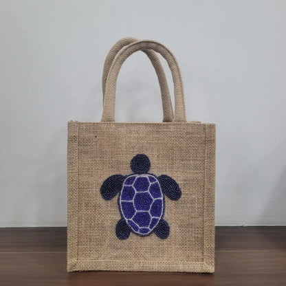 Chelsea Turtles Hand Beaded Mini Jute Tote
