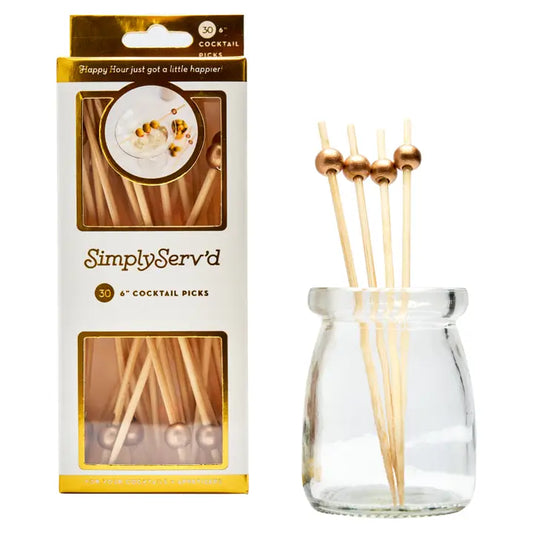 Party Pick Fancy Bamboo Toothpick Large 6" Gold Ball