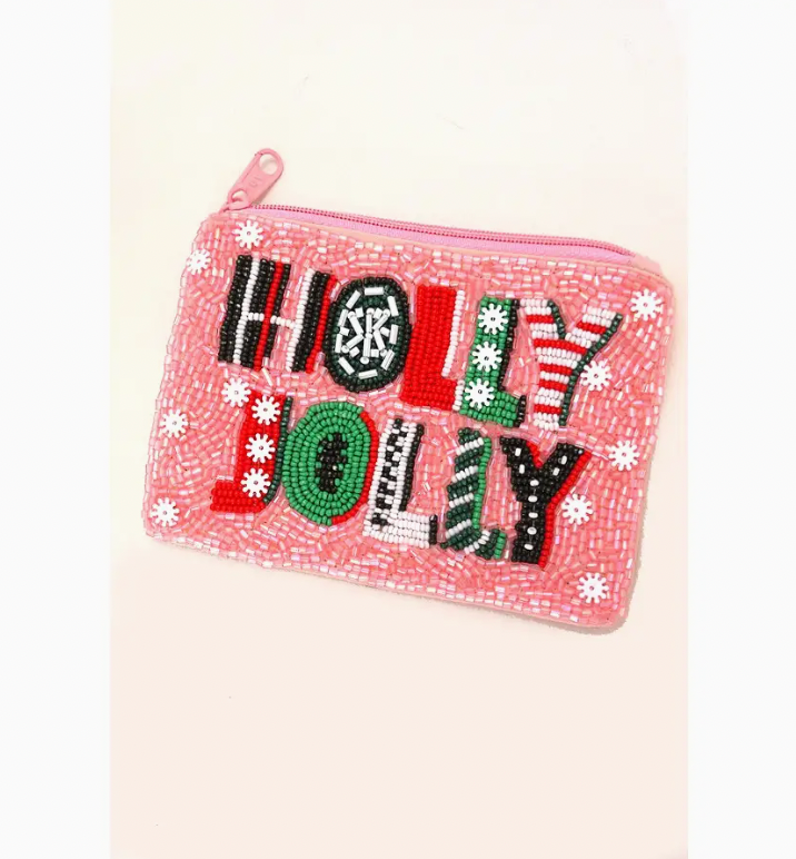 Christmas Holiday Seed Bead Holly Jolly Pouch Coin Purse