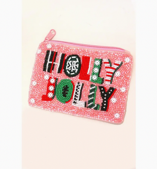 Christmas Holiday Seed Bead Holly Jolly Pouch Coin Purse
