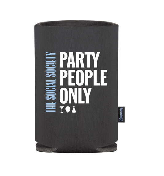 Party People Only Koozie – Black with White + Blue Design