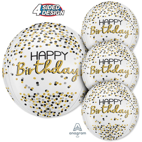 15" Happy Birthday Black Silver Gold Orbz