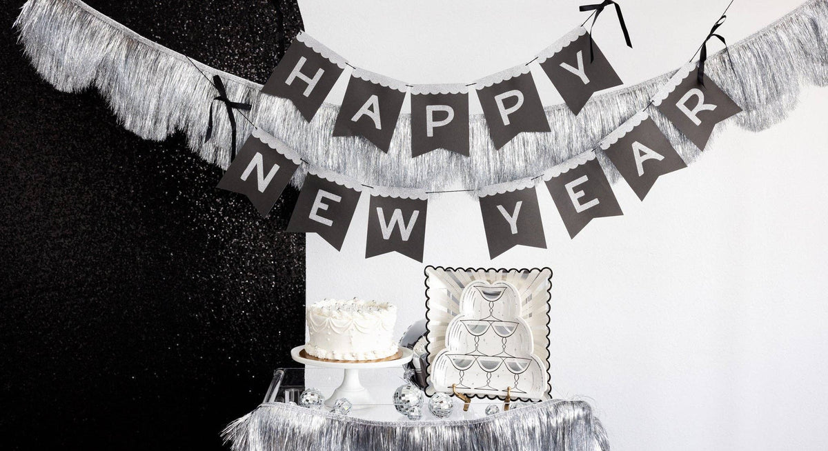 Silver Glitter Happy New Year Paper Banner Set