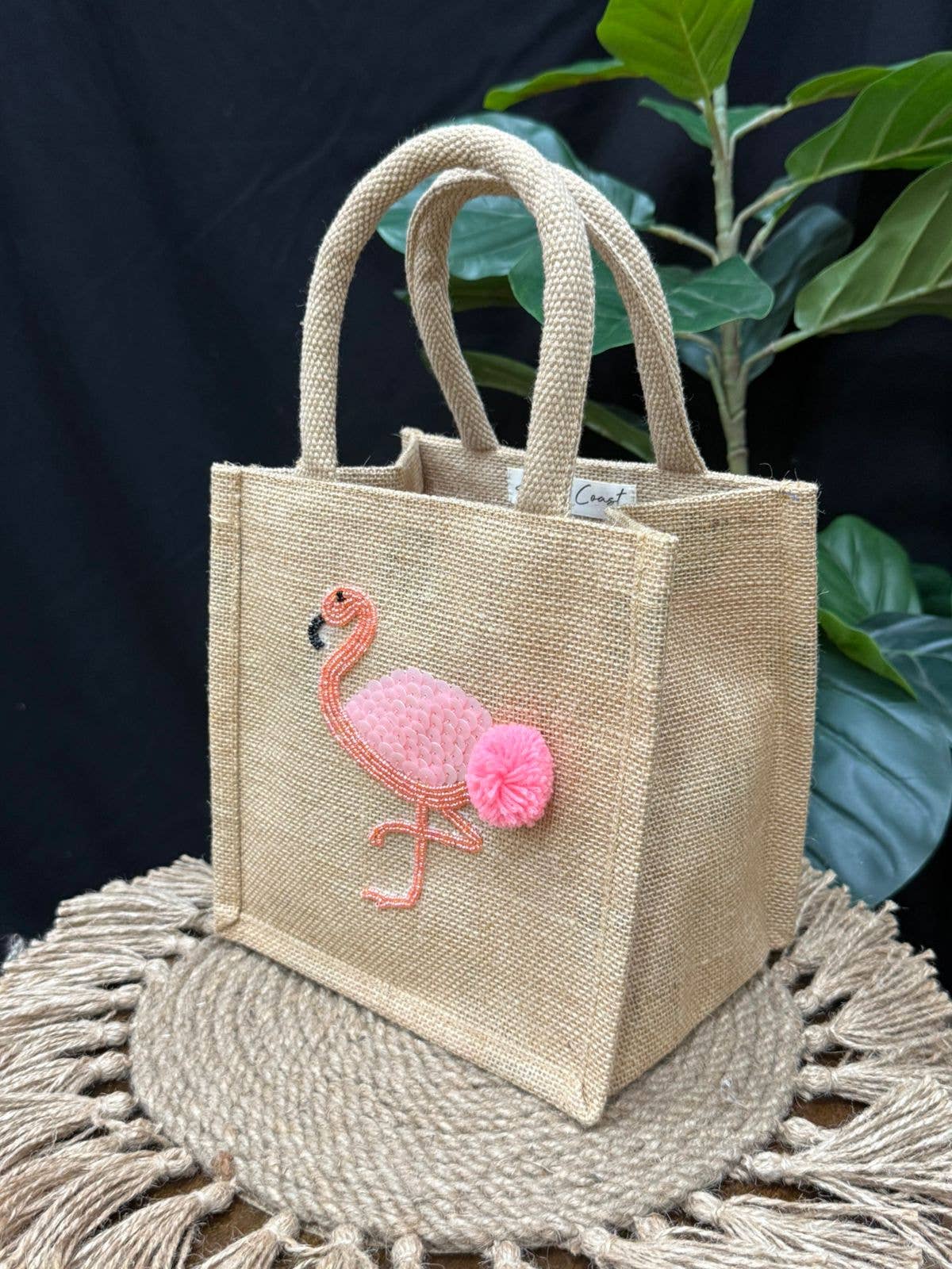 Chelsea Flamingo Hand Beaded- Small Jute Tote