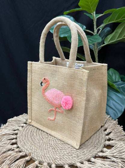 Chelsea Flamingo Hand Beaded- Small Jute Tote