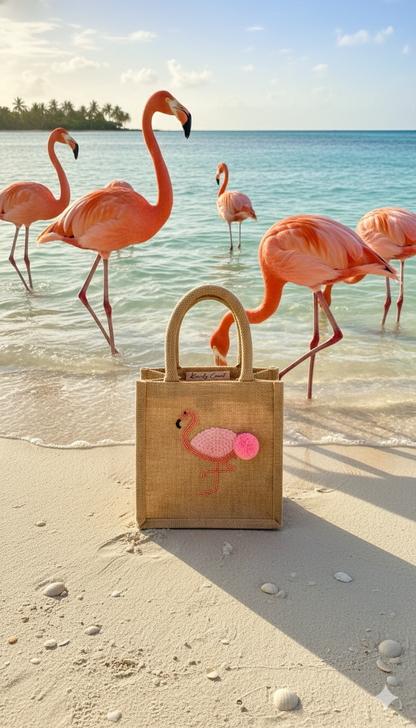 Chelsea Flamingo Hand Beaded- Small Jute Tote