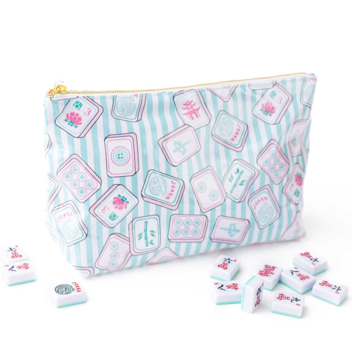 Cosmetic Case, Mahjong Tile Print Clear-Coated Travel Pouch